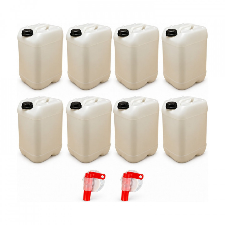 Lot de 8 bidons 25 L translucides – Bouchon DIN 51 + 2 robinets verseurs – PEHD