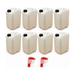 Lot de 8 bidons 25 L translucides – Bouchon DIN 51 + 2 robinets verseurs – PEHD