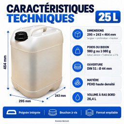 Lot de 8 bidons 25 L translucides – Bouchon DIN 51 + 2 robinets verseurs – PEHD