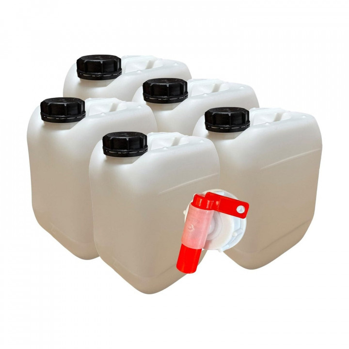 Lot de 5 jerricans 5 L – Bouchon étanche + 1 robinet verseur – PEHD alimentaire