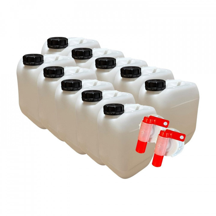 Lot de 10 jerricans 5 L – Bouchon étanche + 2 robinets verseurs – PEHD alimentaire