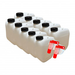 Lot de 10 jerricans 10 L – Bouchon étanche + 2 robinets verseurs – PEHD
