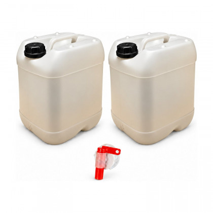 Lot de 2 bidons 20 L translucides – Bouchon DIN 51 + 1 robinet verseur – PEHD