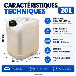 Lot de 2 bidons 20 L translucides – Bouchon DIN 51 + 1 robinet verseur – PEHD
