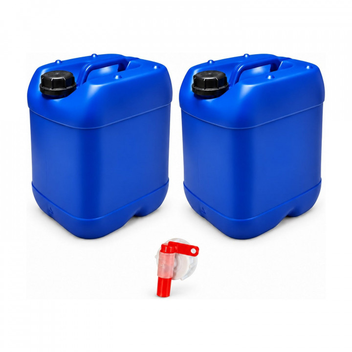 Lot de 2 bidons 20 L bleus – Bouchon DIN 51 + 1 robinet verseur – PEHD