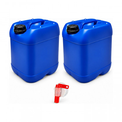 Lot de 2 bidons 20 L bleus – Bouchon DIN 51 + 1 robinet verseur – PEHD