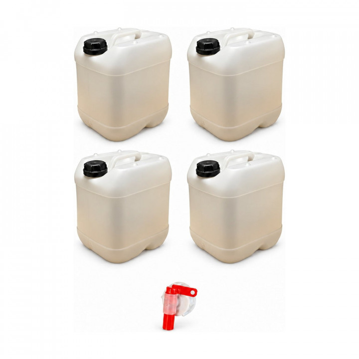 Lot de 4 bidons 20 L translucides – Bouchon DIN 51 + 1 robinet verseur – PEHD